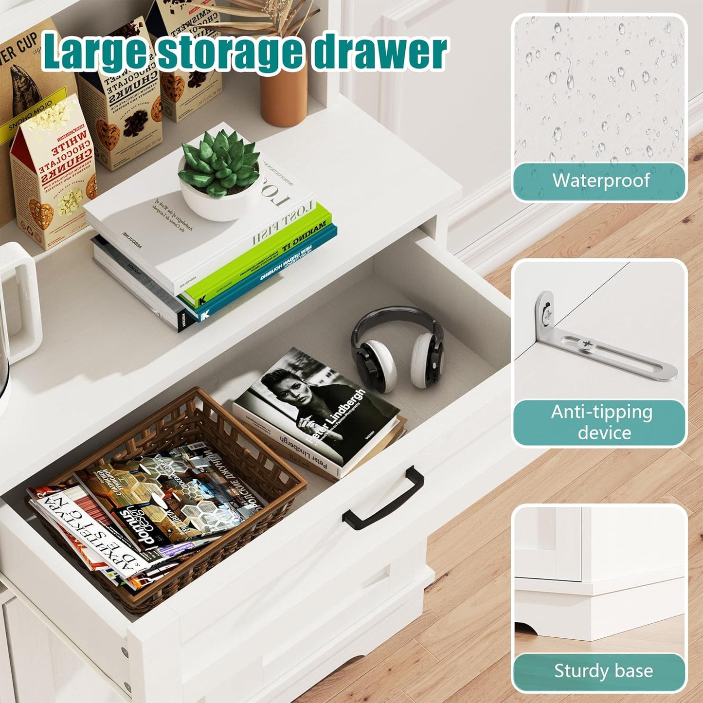 Vongrasig Tall Pantry Cabinet, Kitchen Pantry Storage Cabinet with Microwave Stand,Farmhouse Kitchen Hutch with Adjustable Shelves for Living Room, Dining Room, White