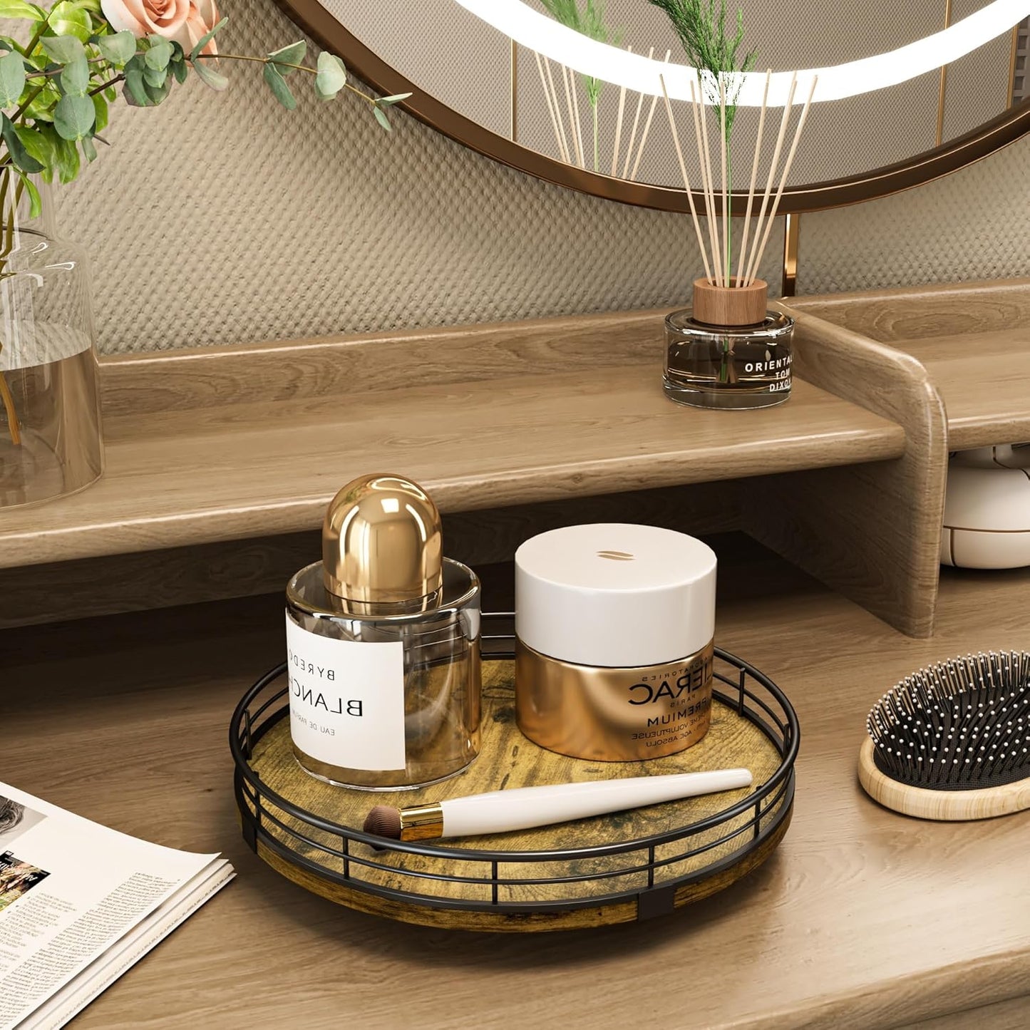 Lazy Susan Turntable Organizer for Table Top, 9’’ Round Wooden Lazy Susan for Cabinet Kitchen Countertop Pantry Dining Coffee Table for Condiments Spices, Rustic Bathroom Vanity Tray for Soap Candle