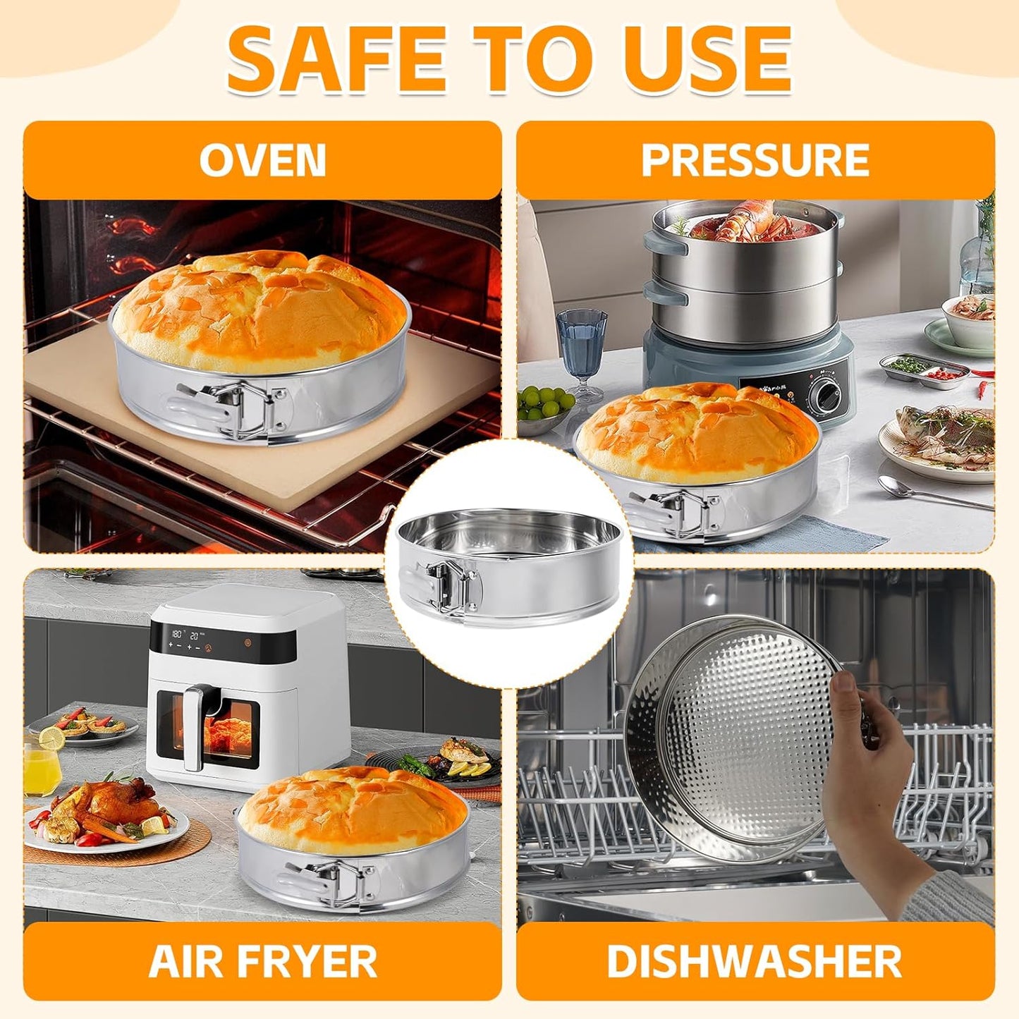 Aufind Springform Pan Set for Baking (4,7,9,10inches), 304 Stainless Steel Springform Cake Pan with Removable Bottom, Cheesecake Pan with 50PCS Parchment Paper for Pie Cake Pizza and Quiches