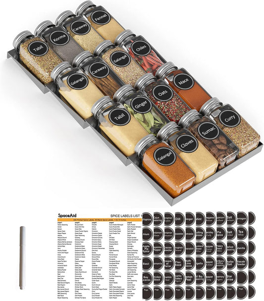 SpaceAid Spice Drawer Organizer with 16 Spice Jars, 386 Spice Labels, 4 Tier Seasoning Rack Tray Insert for Kitchen Drawers, 7.5" Wide x 17.5" Deep