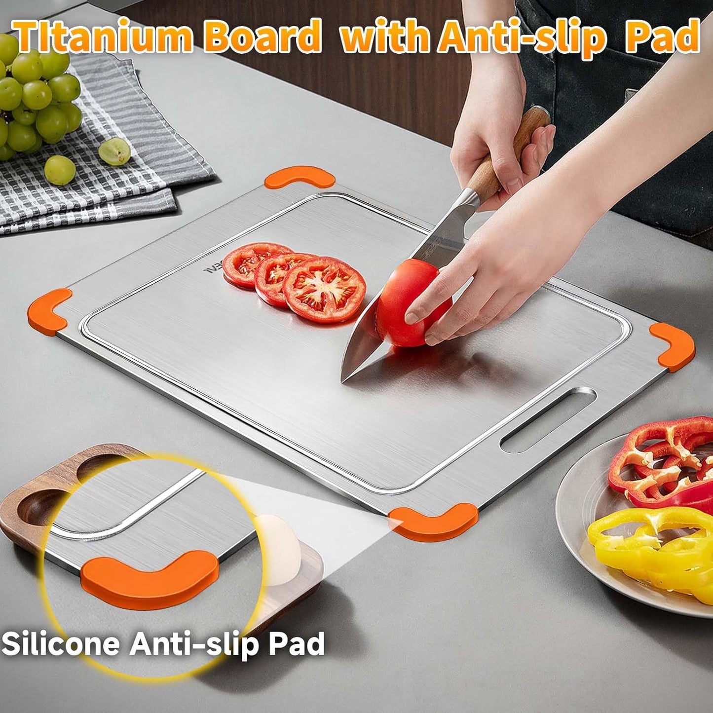 100% Pure Titanium Cutting Board with Grooves, Update Double Side Titanium Chopping Board, Silicone Anti-slip Stainless Cutting Boards for Kitchen 8 * 12 IN, Orange