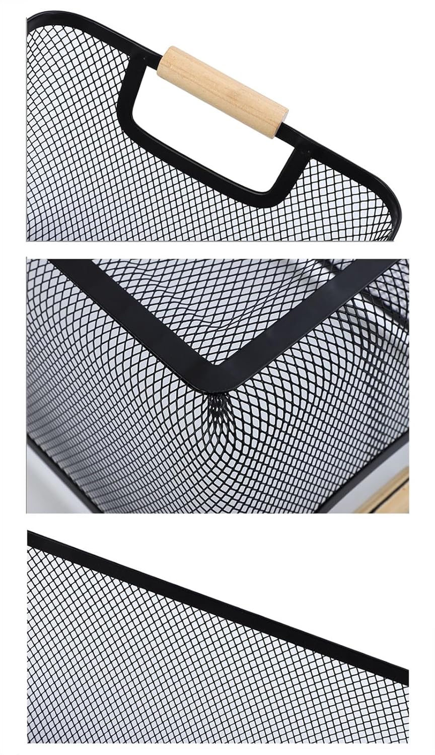 2 Pack Metal Mesh Steel Basket, Small Wire Storage Organizer Basket Multi-function Hanging Kitchen Basket Fruit Baskets with Wood Handle for Kitchen Picnic Cabinet Home Decor, Rectangle-Black