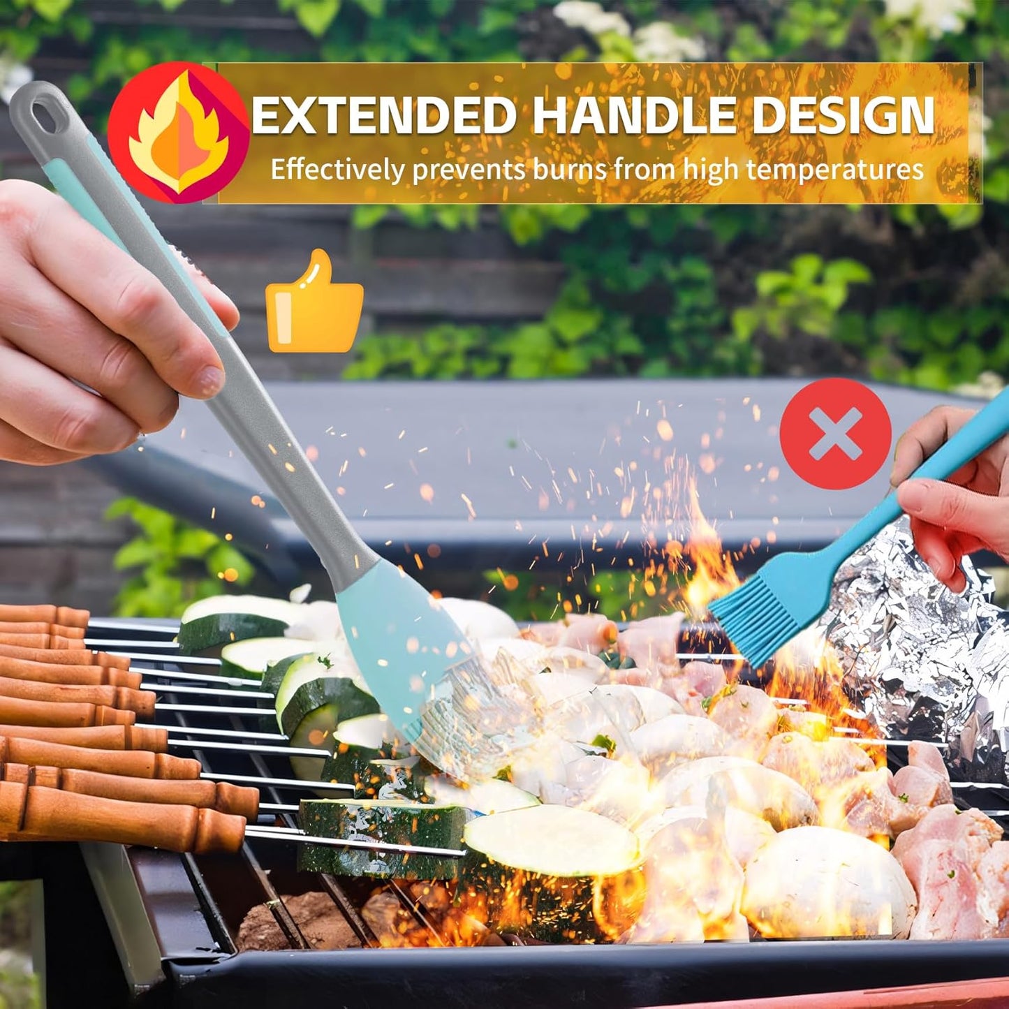 Silicone Basting Brush & Spatula - Extra Long, Heat Resistant, for Baking, Scraping, Mixing, BBQ, Grill, Kitchen, Cooking, Spread Oil, Butter, Sauce (Blue Brush & Spatula)