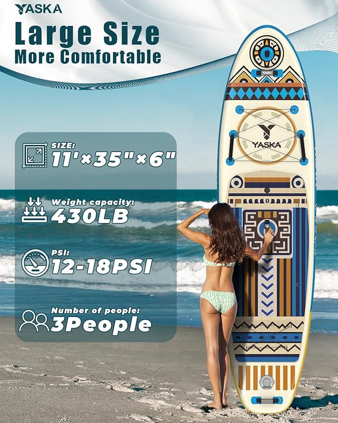 YASKA Inflatable Stand Up Paddle Board - 11ft Extra Wide Paddleboard with Premium SUP Board Accessories,Camera Mount,Non-Slip EVA Deck,5 Handles,Youth/Adult