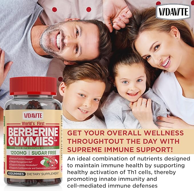 Berberine with Ceylon Cinnamon Gummies — Sugar-free, 98% Pure & 10x Absorption — 1200mg HCL Organic Berberine Supplement for Weight Management, Immunity, Metabolic & Digestive Health(30 Days)