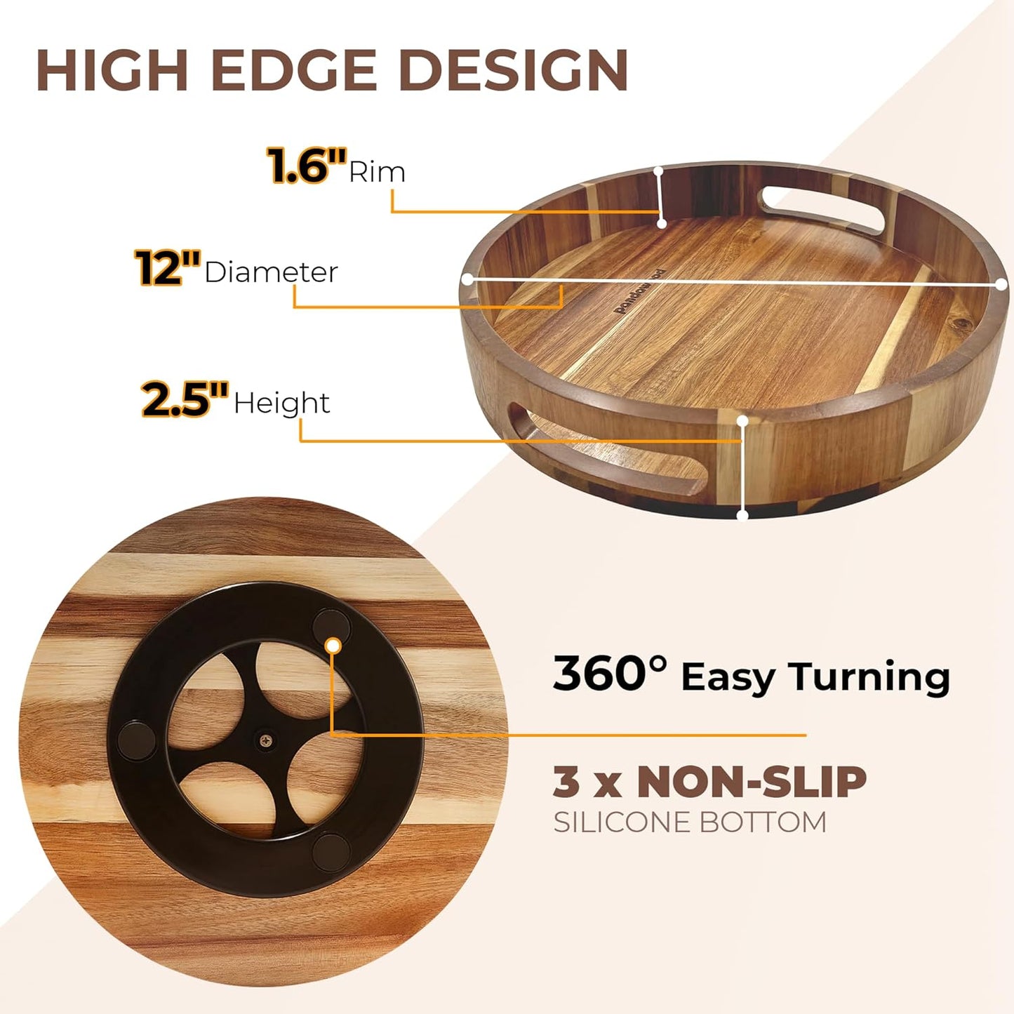Lazy Susan Turntable Organizer 12 inch - Acacia Wooden Lazy Susan for Table Top, Countertop, Dining Table, Pantry - Kitchen Cabinet Organizer