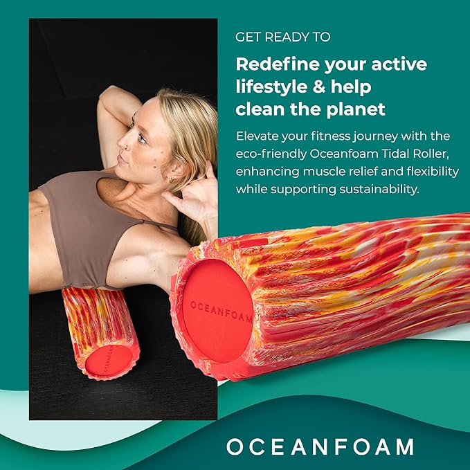 Oceanfoam Tidal Roller - Red, Gold & Natural Marbled - Muscle Massage Foam Roller for Back Pain & Stretching - Firm and Ergonomic Wide Wave Textured - Yoga, Athletics, & Wellness - Full Size, 20" x 5"