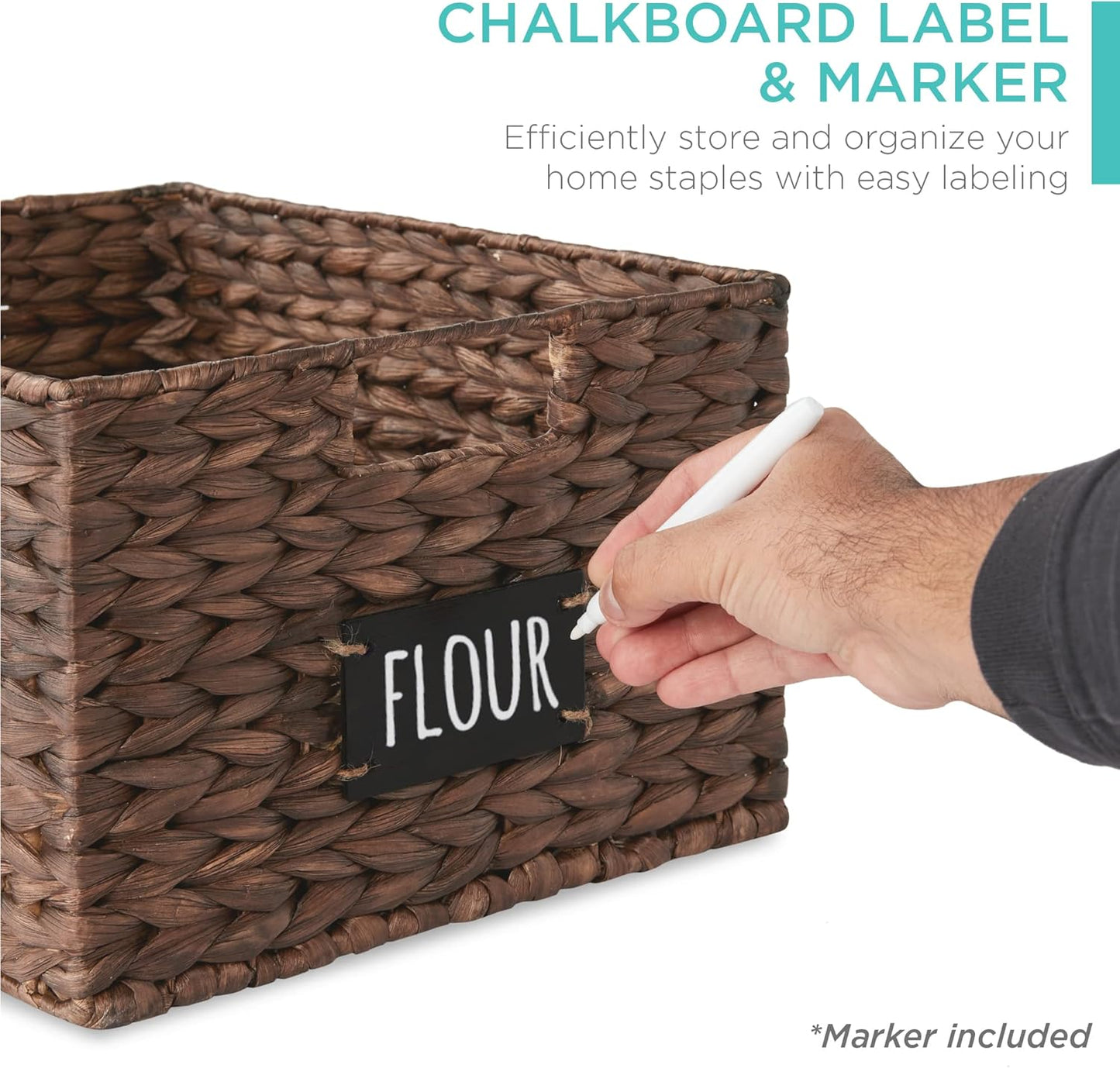 Best Choice Products Pantry Baskets Set of 2 16x12in Water Hyacinth Storage Baskets, Woven Wicker Kitchen Organizers with handles w/Chalkboard Label Chalk Marker - Brown