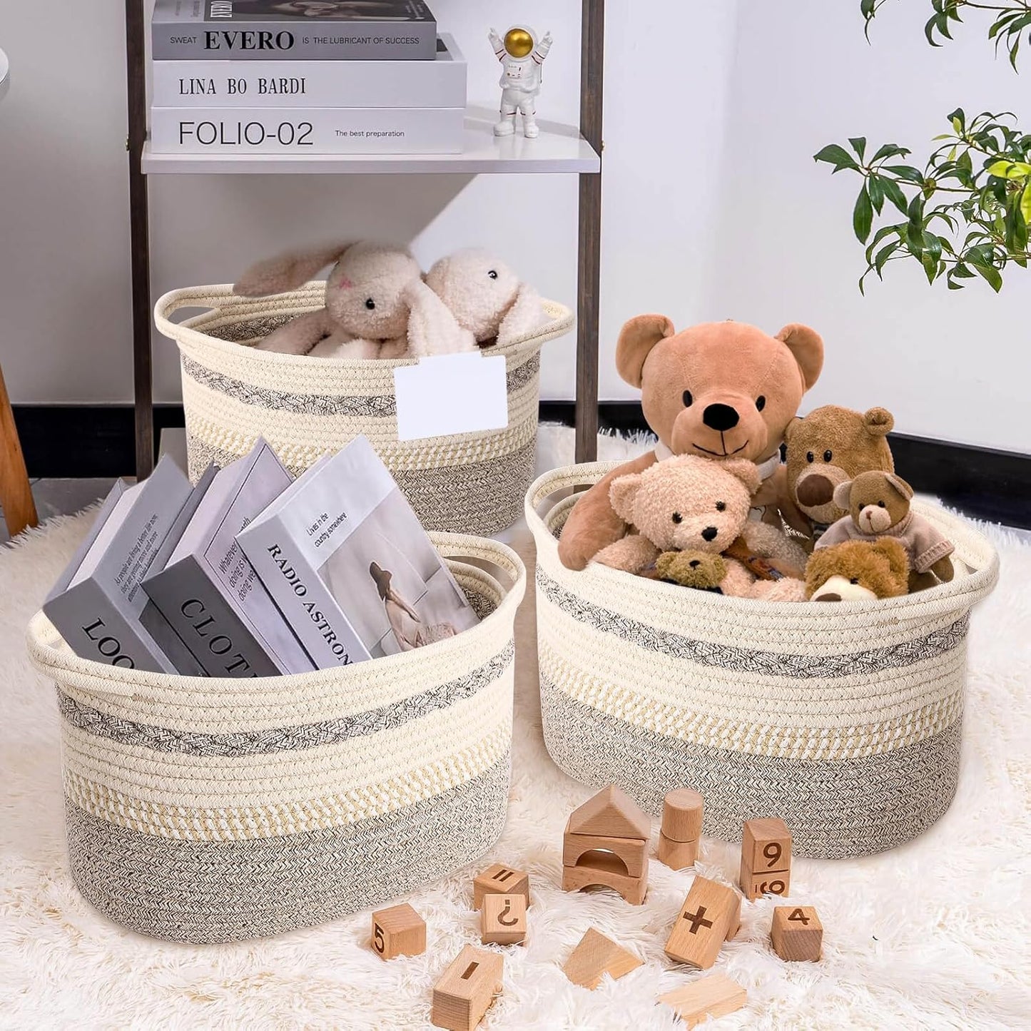 Woven Storage Basket, 3 Pack Brown Rope Basket for Shelves, HandWoven Cotton Rope Basket with Built-in Handles and Labels for Bathroom, Bedroom, Laundry, Pantry, Shelves