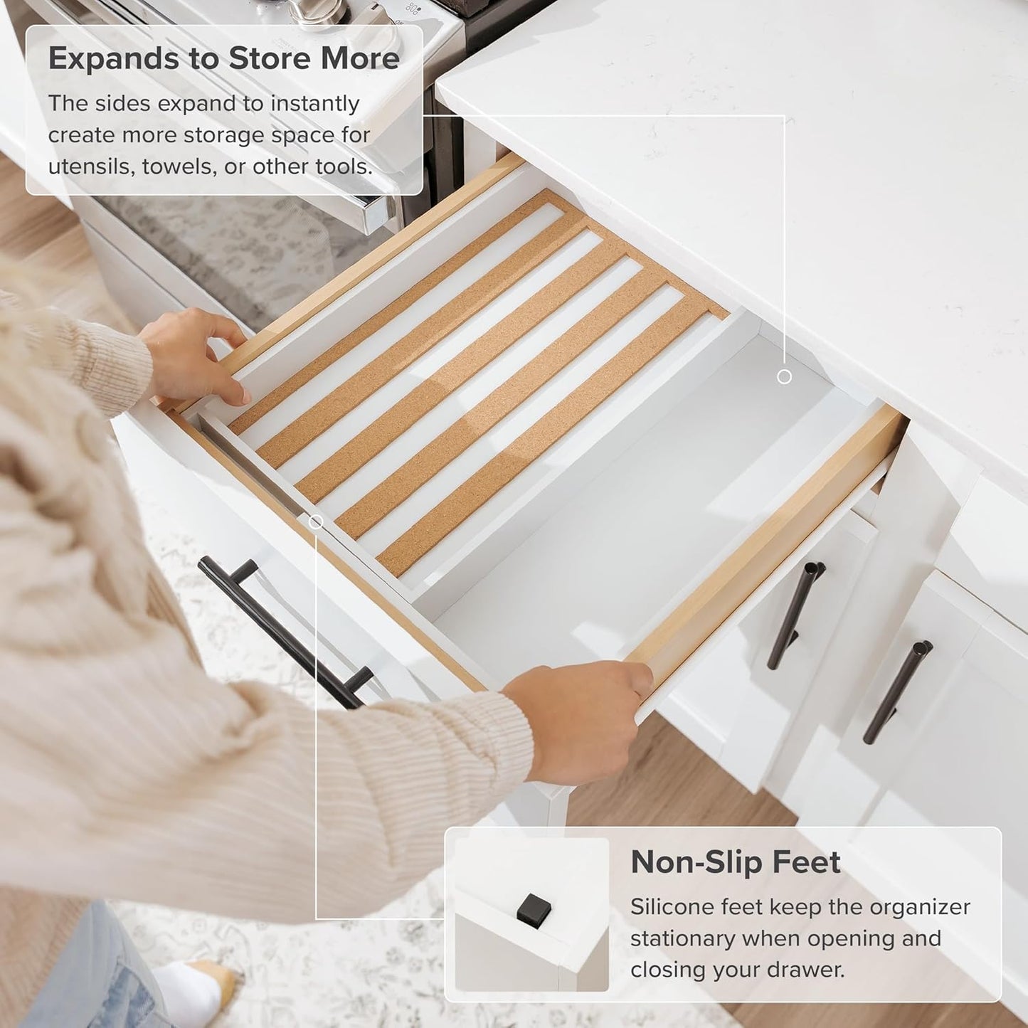 KitchenEdge Spice Drawer Organizer with Expandable Storage. Holds up to 15 Spice Jars (Not Included), Non-Slip Feet, Kitchen Accessory Storage, 100% Sustainable Bamboo Wood (White Bamboo)