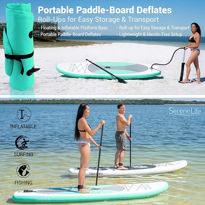 SereneLife Inflatable Stand Up Paddle Board with Premium SUP Accessories – Wide Stable Design with Non-Slip EVA Deck Pad for Adults and Youth of All Skill Levels