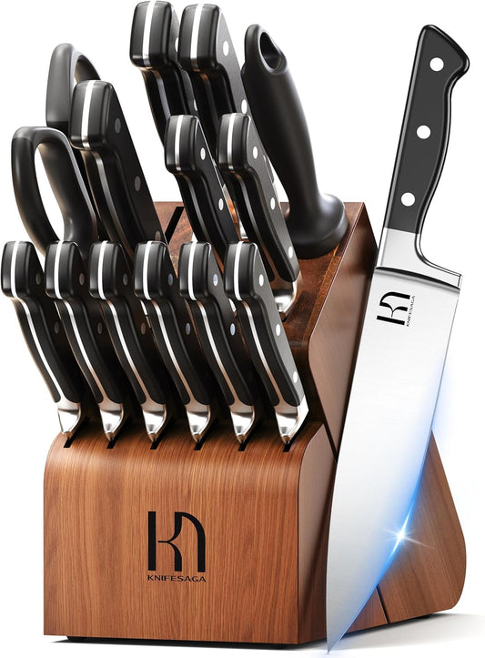 Knife Set, 15 Pcs Kitchen Knife Block Set, Enduring Razor-Sharp Japanese High Carbon Stainless Steel Chef Knife Set with Block and Sharpener, Premium Knives Set for Kitchen, Black Acacia