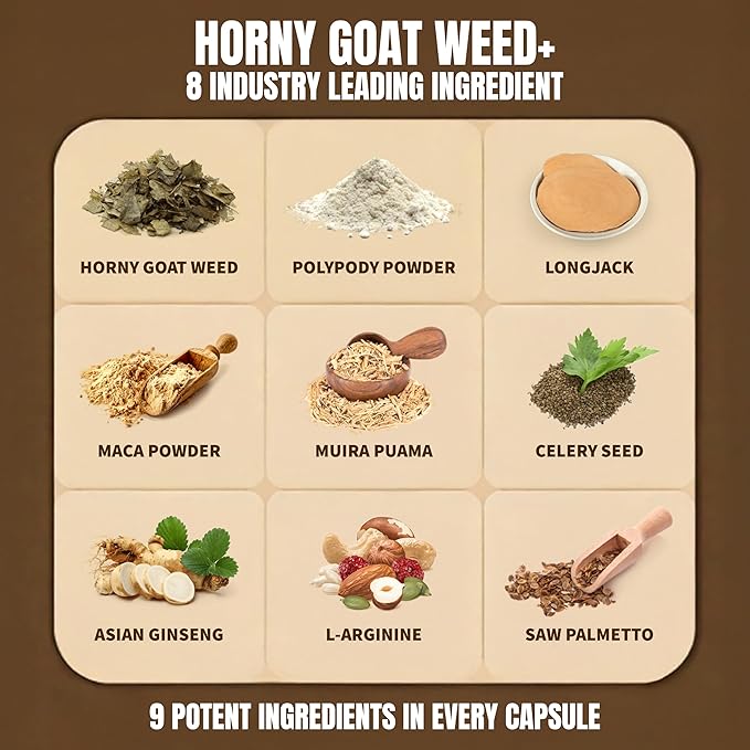 Premium Male Performance Booster - Horny Goat Weed + 8 Ingredients | Pills for Men Fast Acting Blood-Flow, Muscle Building, Energy | 3rd Party Tested Supplement - 60 Pills for Adults