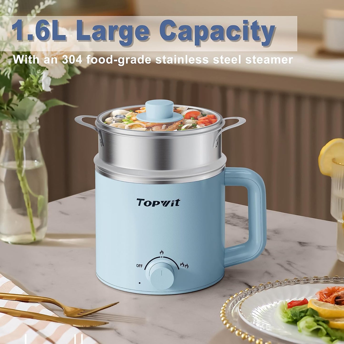 Topwit Hot Pot Electric with Steamer, 1.6L Ramen Cooker, Electric Pot for Pasta, Shabu-Shabu, Oatmeal, Soup and Egg, Portable Cooker with Dual Power Control, Dorm Room Essentials, Blue