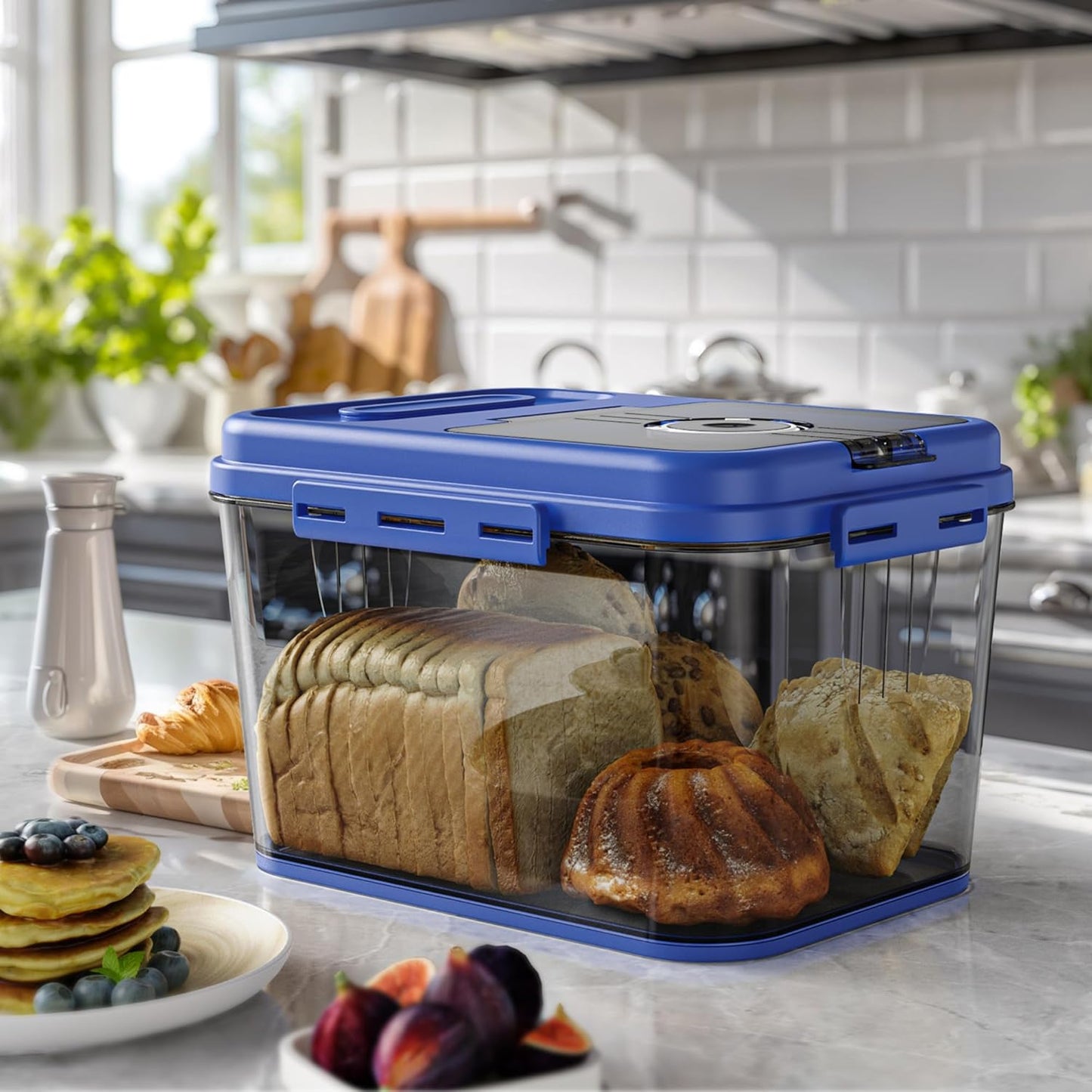 Bread Box For Kitchen Countertop, Airtight Bread Storage Container, Bread Keeper For Homemade Bread, Cookies, Cereal, Fruits, Large Blue.