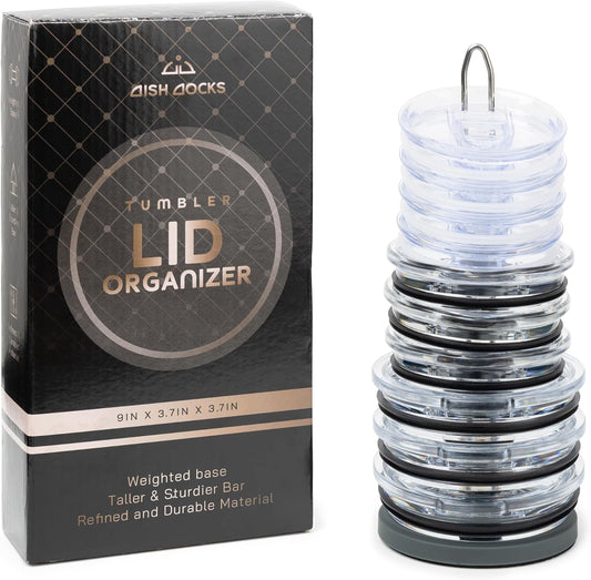 Tumbler Lid Organizer for Cabinet & Countertop - Slim Space-Saving Lid Holder with 9" Sturdy Bar & Weighted, Non-Slip Base - Vertical Storage Cup Lid Organizer - Collapsible Lid Rack for 10 Lids