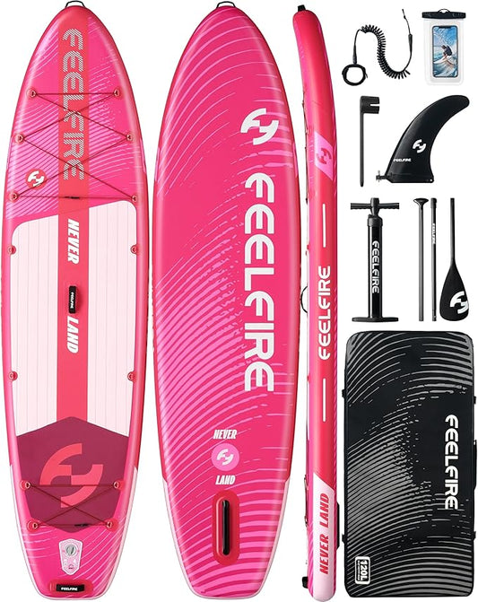 Feelfire11'x34” Extra Wide Inflatable Paddleboard, Stand-up Paddle Board for Adults, 420lb Capacity for Yoga/Fishing/Family, EVA Deck, US Fin, High-Pressure Pump, Storage Backpack, Safety Leash