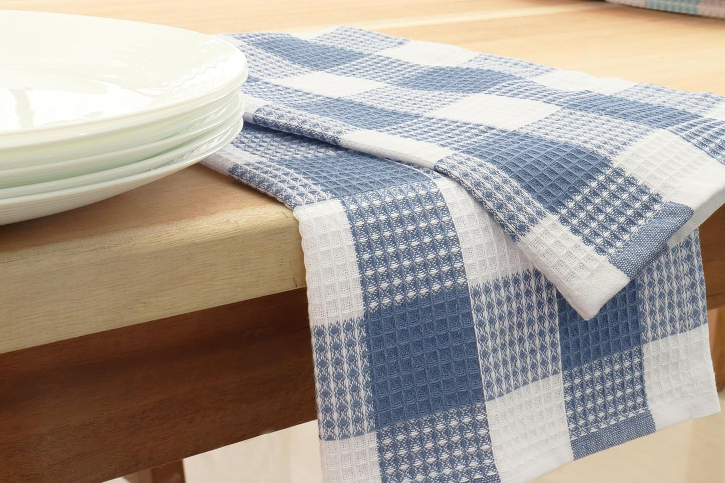 PurpleEssences 100% Cotton Waffle Weave Check Plaid Kitchen Towels, Super Soft and Absorbent Dish Towels for Drying Dishes 15 x 25-6 Pack - Spring Summer - Smoky Grey and White