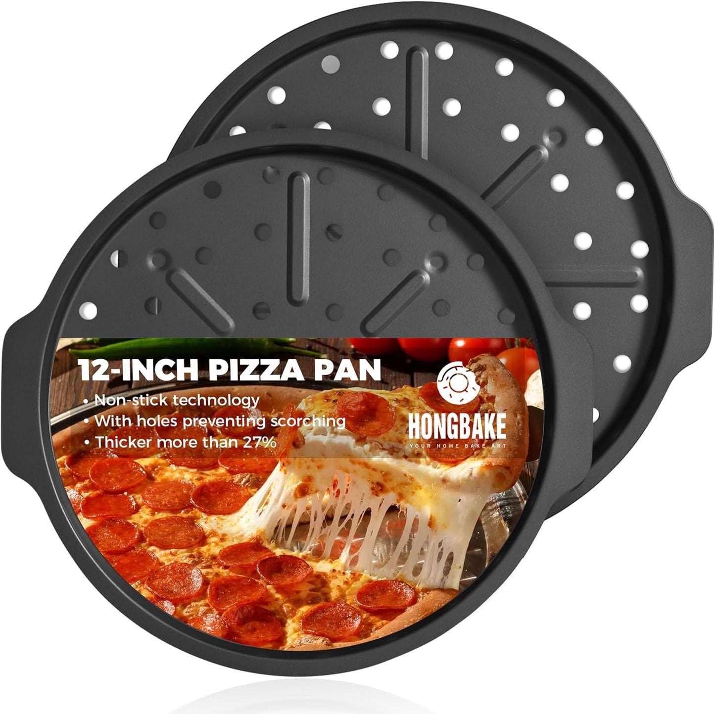 HONGBAKE 2 Pack Pizza Pan with Holes 12 Inch, Nonstick Pizza Tray for Oven with Widen Handles, Hot Air Pizza Crisper Tin, Round Baking Sheet for Frozen & Homemade Pizza, Grey