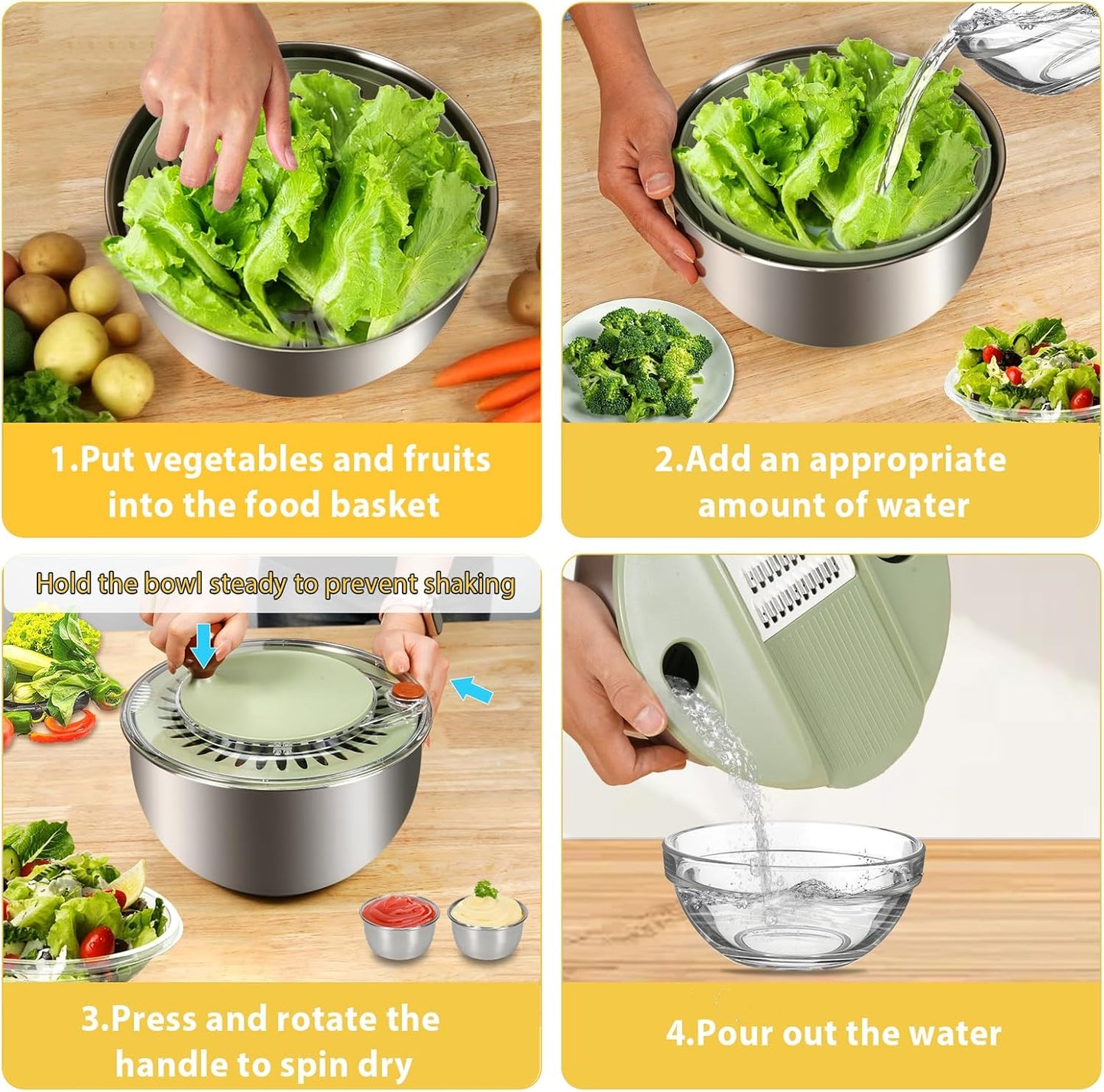 Stainless Steel Salad Spinner Large with 5 Blades Slicer, Lettuce Washer Spinner and Dryer, Vegetable Fruits Chopper Bowl, Egg Yolk Strainer Comes with Dipping Saucers and Clip, 5.3Qt