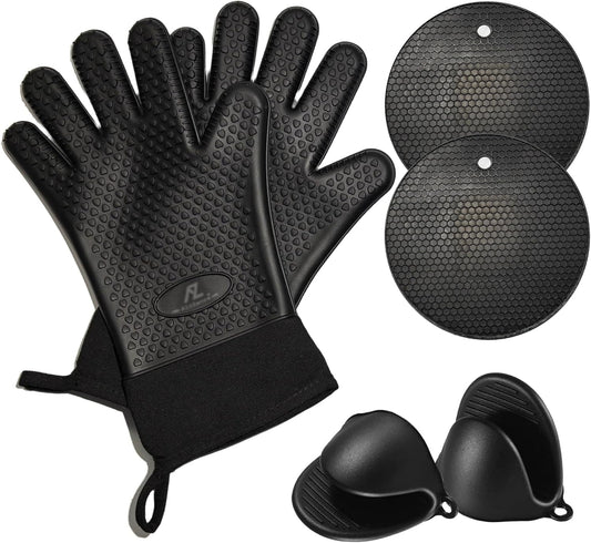 Silicone Smoker Oven Gloves & BBQ Set – Extreme Heat Resistant, Waterproof Oven Mitts, Mini Gloves, Hot Pads & Pot Holders for Cooking, Grilling, Baking & Fireworks, Extra Soft, Pack of 6. (Black)