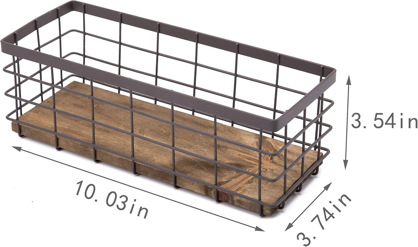 TIEYIPIN Small Metal Wire Storage Basket, Detachable Wood Base Storage Organizer Bin Basket for Kitchen Cabinets, Bathroom, Pantry, Garage, Laundry Room - Brown (2 Pack)