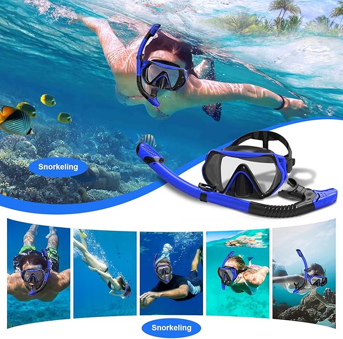 Snorkeling Gear, Dry Snorkel Set180° Panoramic Wide View,Anti-Fog Scuba Diving Mask, Professional Snorkeling Gear for Free Breathing, Swimming, Diving