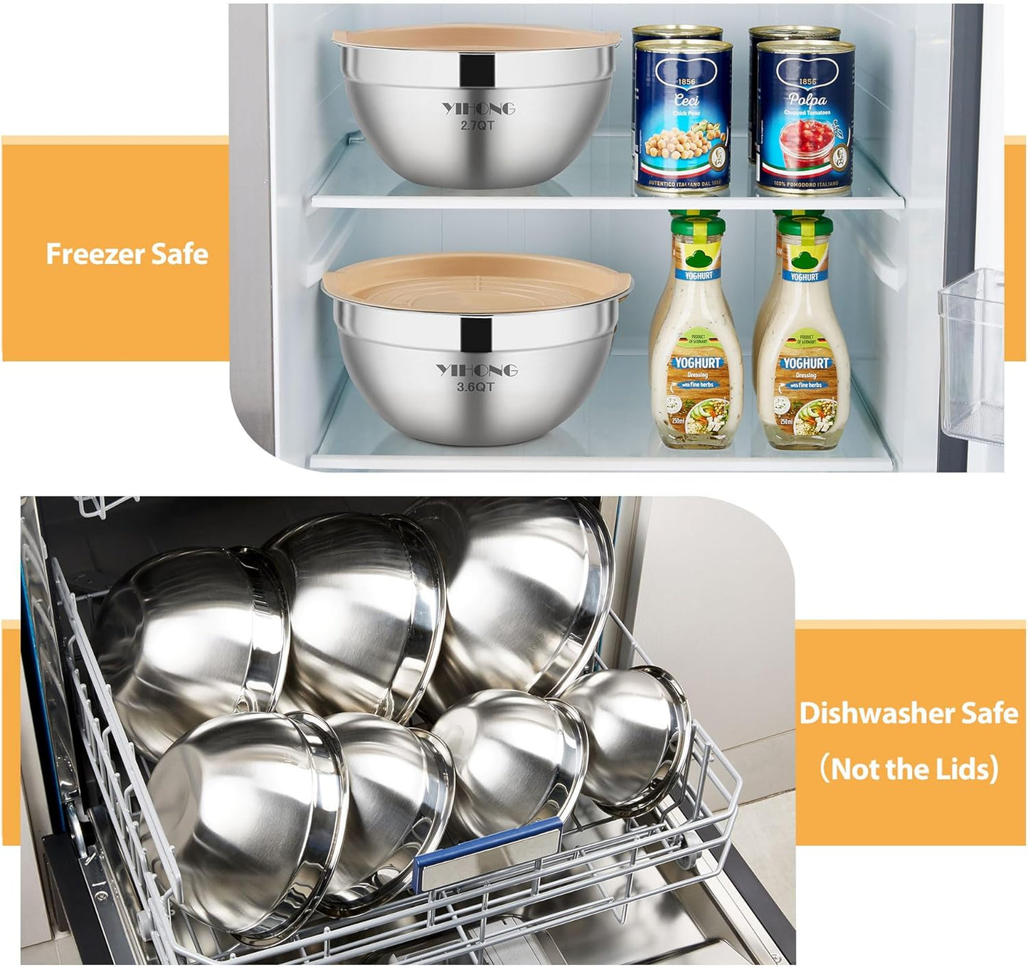 YIHONG 7 Piece Metal Mixing Bowls with Lids for Kitchen, Stainless Steel Set Ideal for Baking, Prepping, Cooking and Serving Food, Nesting Design for Space Saving Storage (Khaki)