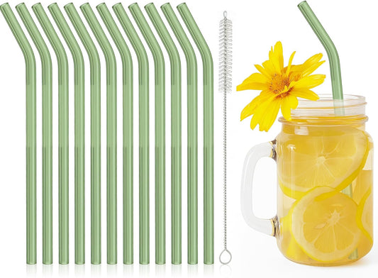12 Pcs Reusable Glass Straws 8"x 8 mm Bent Glass Drinking Straws with Cleaning Brush for Tea, Smoothies, Milkshakes, Juices,Beverages(aqua)