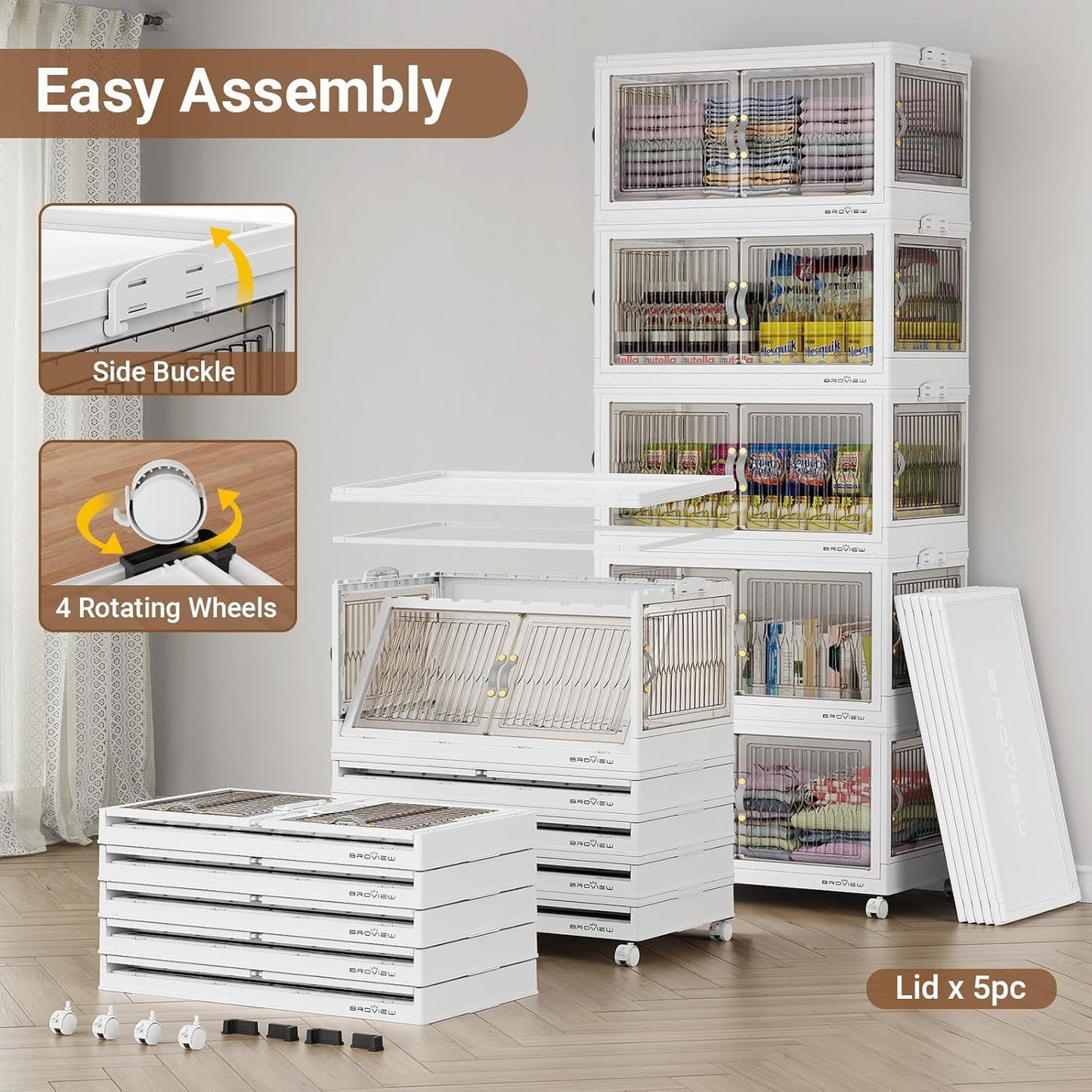 600QT Large Stackable Storage Bins with Lids, Plastic Closet Organizer and Storage Drawer, Collapsible Storage Box with Wheels, Folding Storage Cabinet with Doors for Home Kitchen, 5Pack White