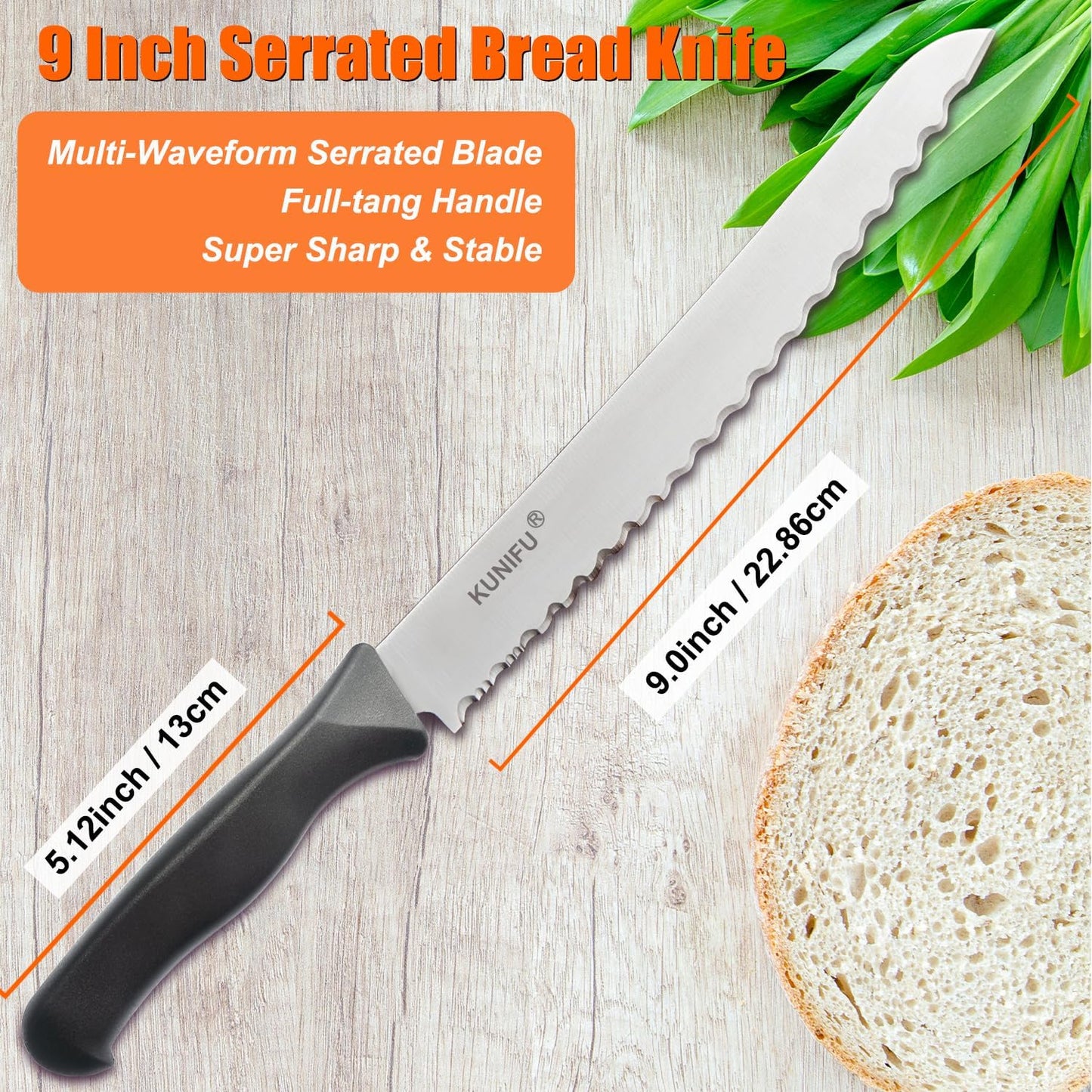 KUNIFU Bread Knife, 9.0 Inch Serrated Knife For Homemade Bread, Bread Slicer For Sourdough Cake Bagels