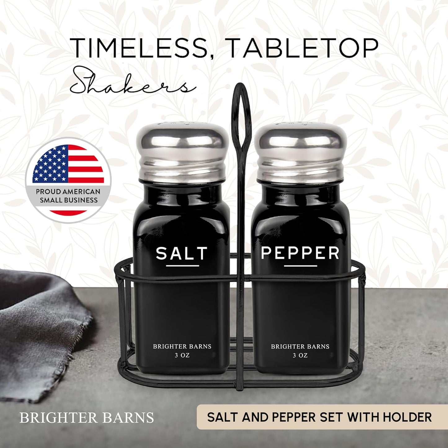 Black Salt and Pepper Shakers Set with Holder by Brighter Barns - Farmhouse Kitchen Decor, Modern Kitchen Essentials, Dining Table Centerpiece Decor - Glass Shakers with Caddy for Restaurants (Black)