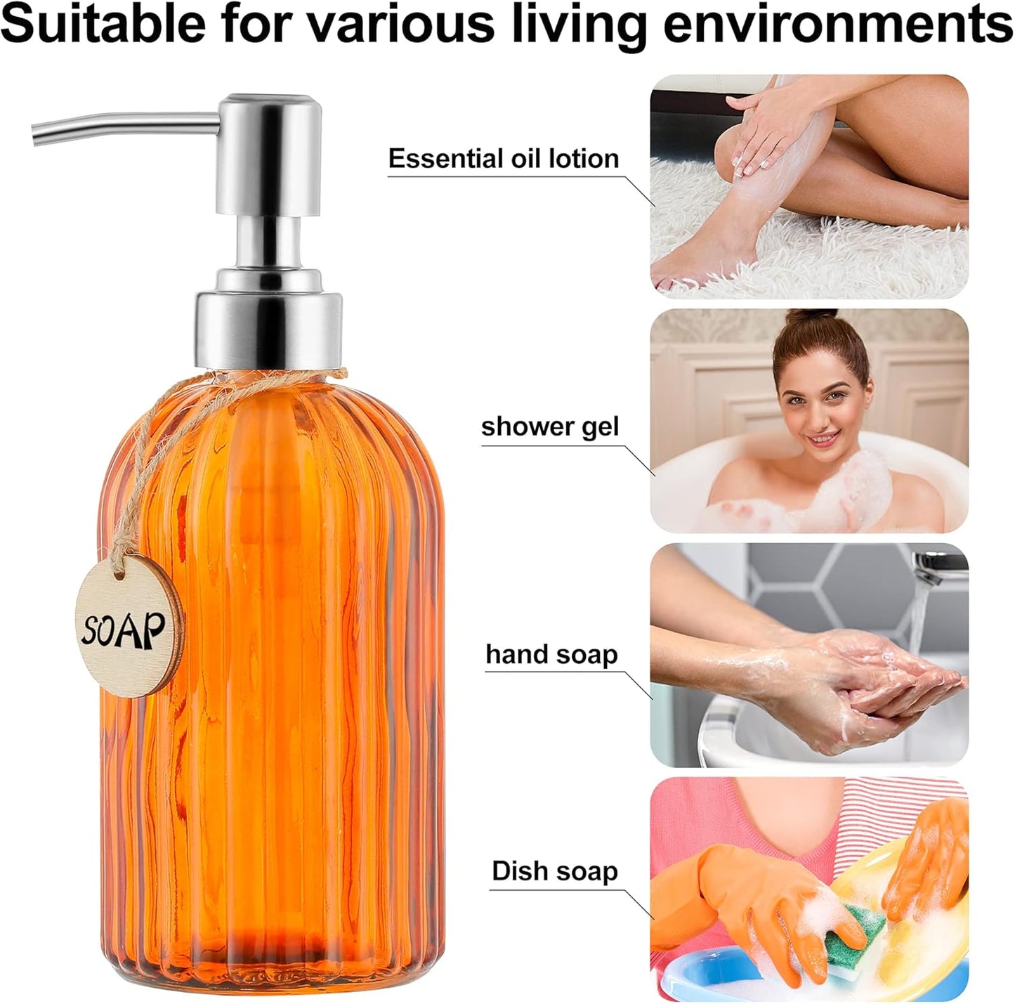 16 OZ Soap Dispenser，Tempered Glass Clear Vertical Stripe with 304 Rust Proof Stainless Steel Pump Refillable Liquid Hand Soap Dispenser，for Bathroom, Kitchen, Dish Soap，Lotion (Orange)