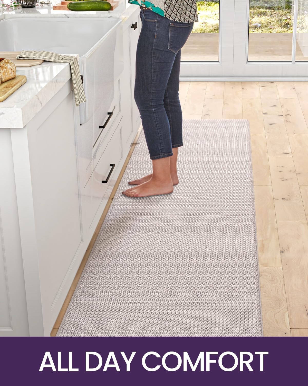 DEXI Kitchen Floor Mats Cushioned Anti Fatigue, 23x71, Large Long Standing Runner Rug Waterproof, Comfort Memory Foam Padded for Front Sink Laundry, Beige White
