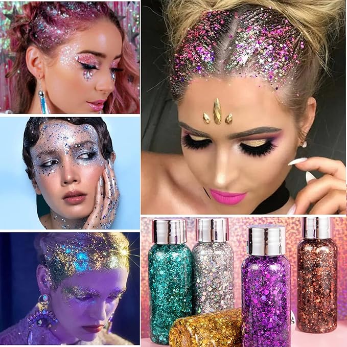 MEICOLY Green Face Body Glitter,Alien Glitter Makeup,Mermaid Sequins Glitter Face Paint,Face Hair Party Festival Chunky Glitter Makeup