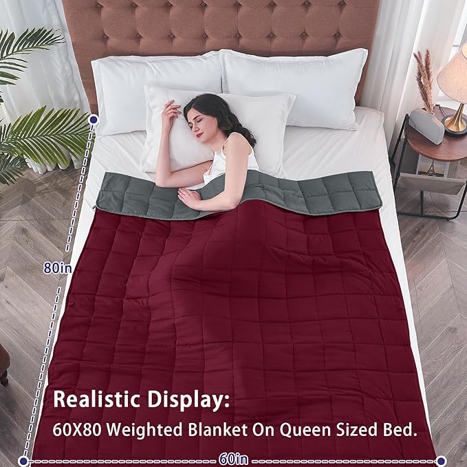yescool Weighted Blanket for Adults (15 lbs, 60" x 80", Red Grey) Cooling Heavy Blanket for Sleeping Perfect for 110-130 lbs, Queen Size Breathable Blanket with Premium Glass Bead, Machine Washable