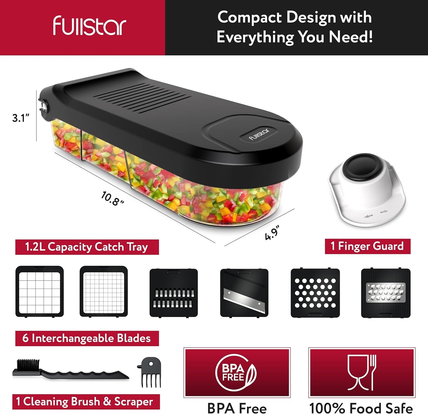 Fullstar Mandoline Slicer for Kitchen - Vegetable Chopper, Onion Potato Food Veggie Fruit Slicer and Cutter with Container, Kitchen Gadgets & Accessories, Home Essentials (6-in-1, White/Black)