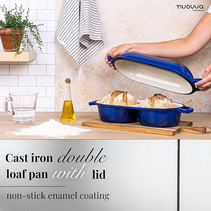 nuovva Dutch Oven For Sourdough Bread Baking – Enamelled Cast Iron Bread Loaf Pot – 500°F Oven Safe Non Stick Bread Pot – Double Round Loaf Space, 16.5cm Diameter, Dark Blue