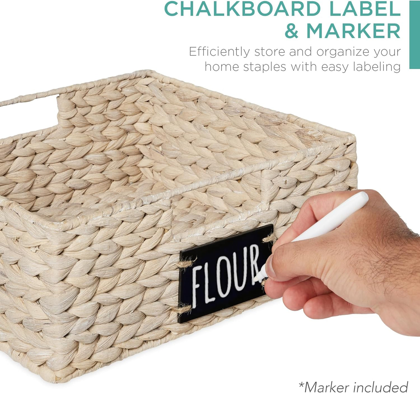 Best Choice Products Set of 4 13x12in Water Hyacinth Pantry Baskets, Woven Organizers w/Chalkboard Label, Chalk Marker - White