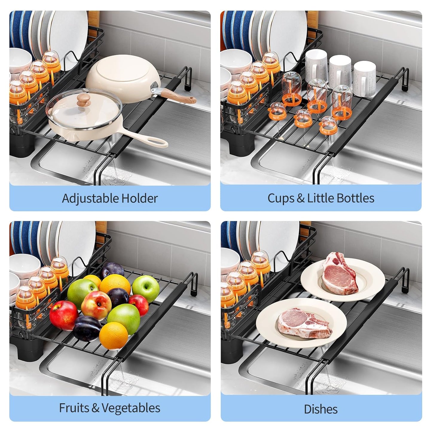 TOOLF Extendable Dish Drying Rack, 2 in 1 Multifunction Dish Rack for Kitchen Counter, Expandable Dish Drainer Over Sink, Large Plate Strainer with Drainboard & Cups Holder, Black