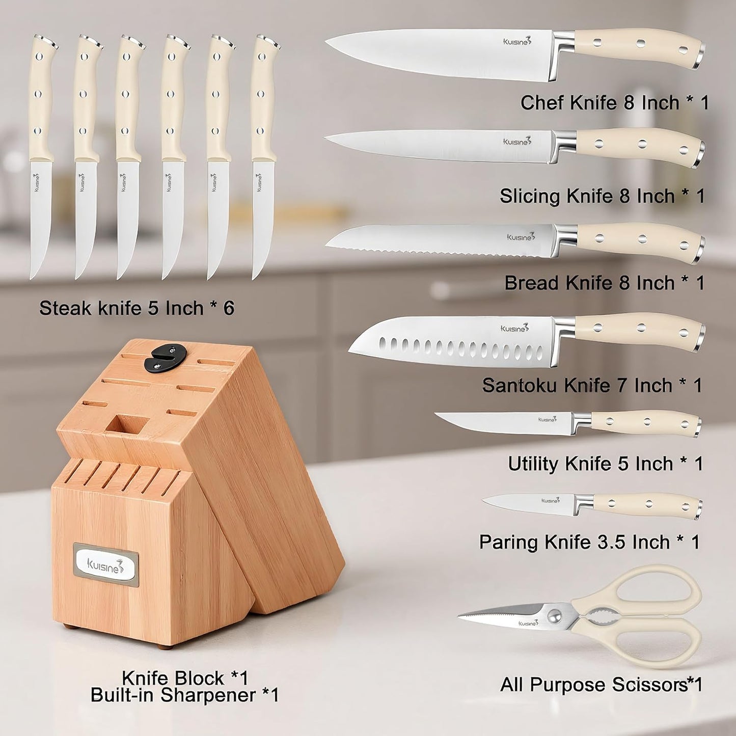 KUISINE Knife Set High Carbon Stainless Steel Ultra Sharp Blade Ergonomic Handle,Knife Block Set with Built-in Sharpener(Ivory Acacia,15PCS)
