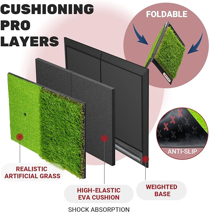 SAPLIZE Foldable Heavy-Duty Golf Hitting Mat, Practice Mat with 10mm EVA Rubber Backing, Larger Size for Indoor/Outdoor Swing and Chipping Practice, Anti-Deformation