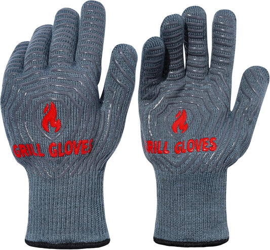 QUWIN BBQ Gloves, Oven Gloves 1472℉ Extreme Heat Resistant, Grilling Gloves Silicone Non-Slip Oven Mitts, Kitchen Gloves for BBQ, Grilling, Cooking, Baking-1 Pair… (Grey, One Size Fits Most)