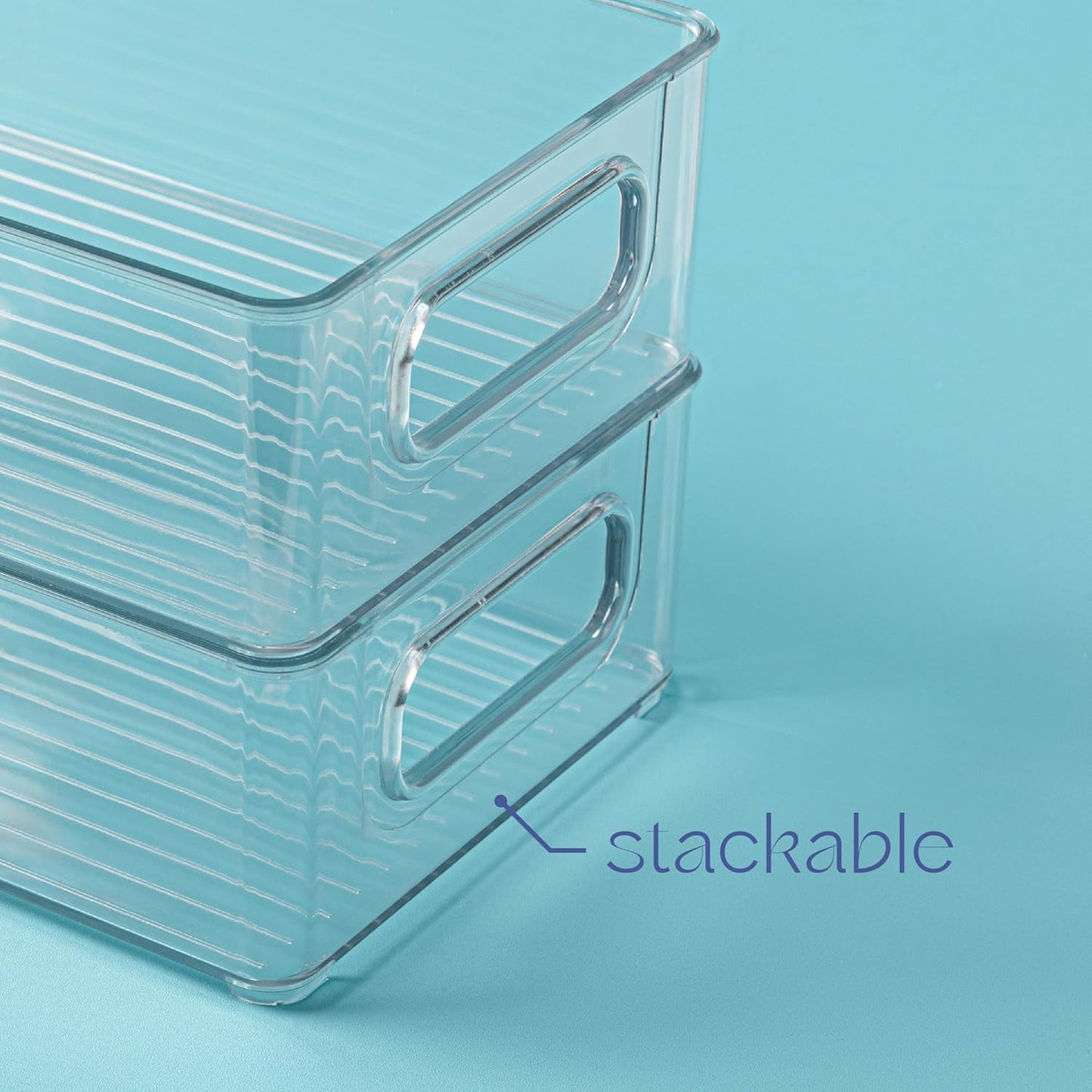 Plastic Food Storage 6 Pack Clear Container Bin with Handles for Organizing Kitchen, Pantry, Refrigerator, Freezer, Pantry, Cabinet, Closet, Bathroom. Stackable 10”x6”x3”