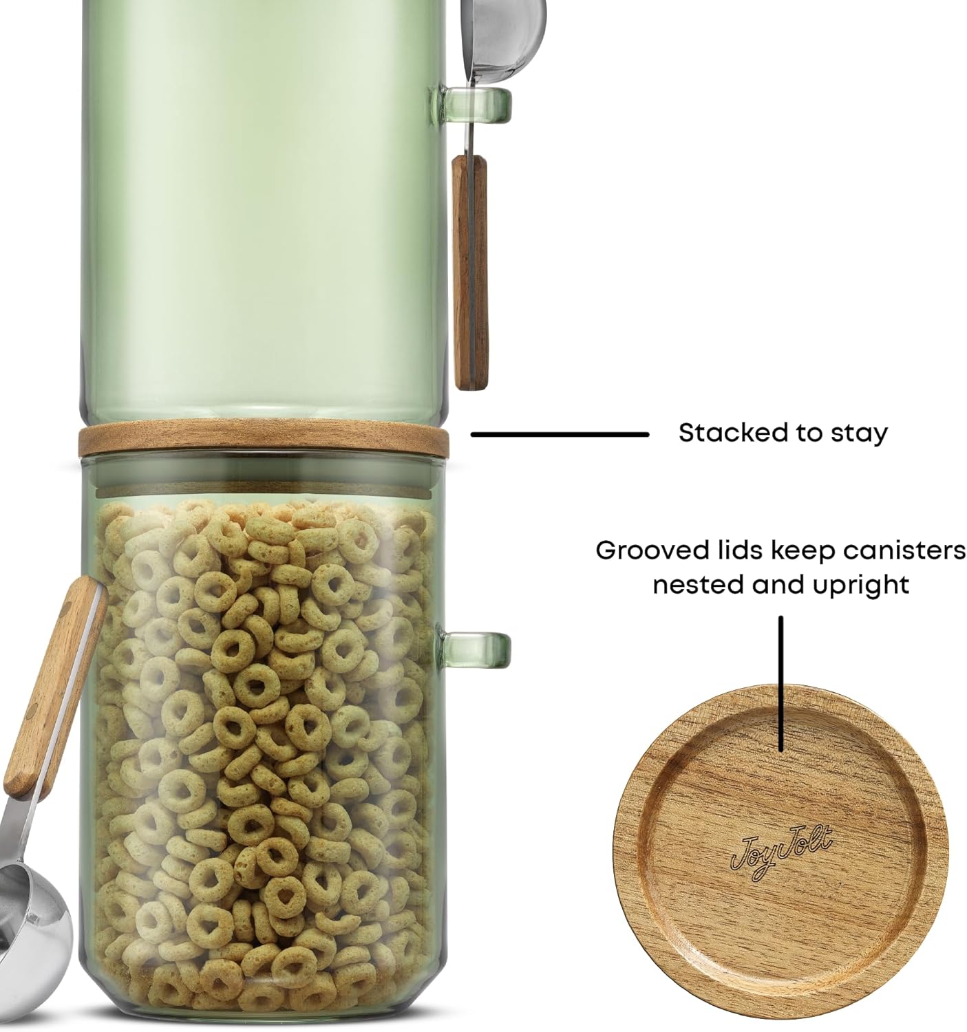 JoyJolt Holden 32oz Stackable Glass Storage Containers with Lids and Scoops, Airtight Food Canister Set of 3 w/Acacia Wood Lids, Round Stacking Pantry and Kitchen Containers w/Scoop | Sage Green