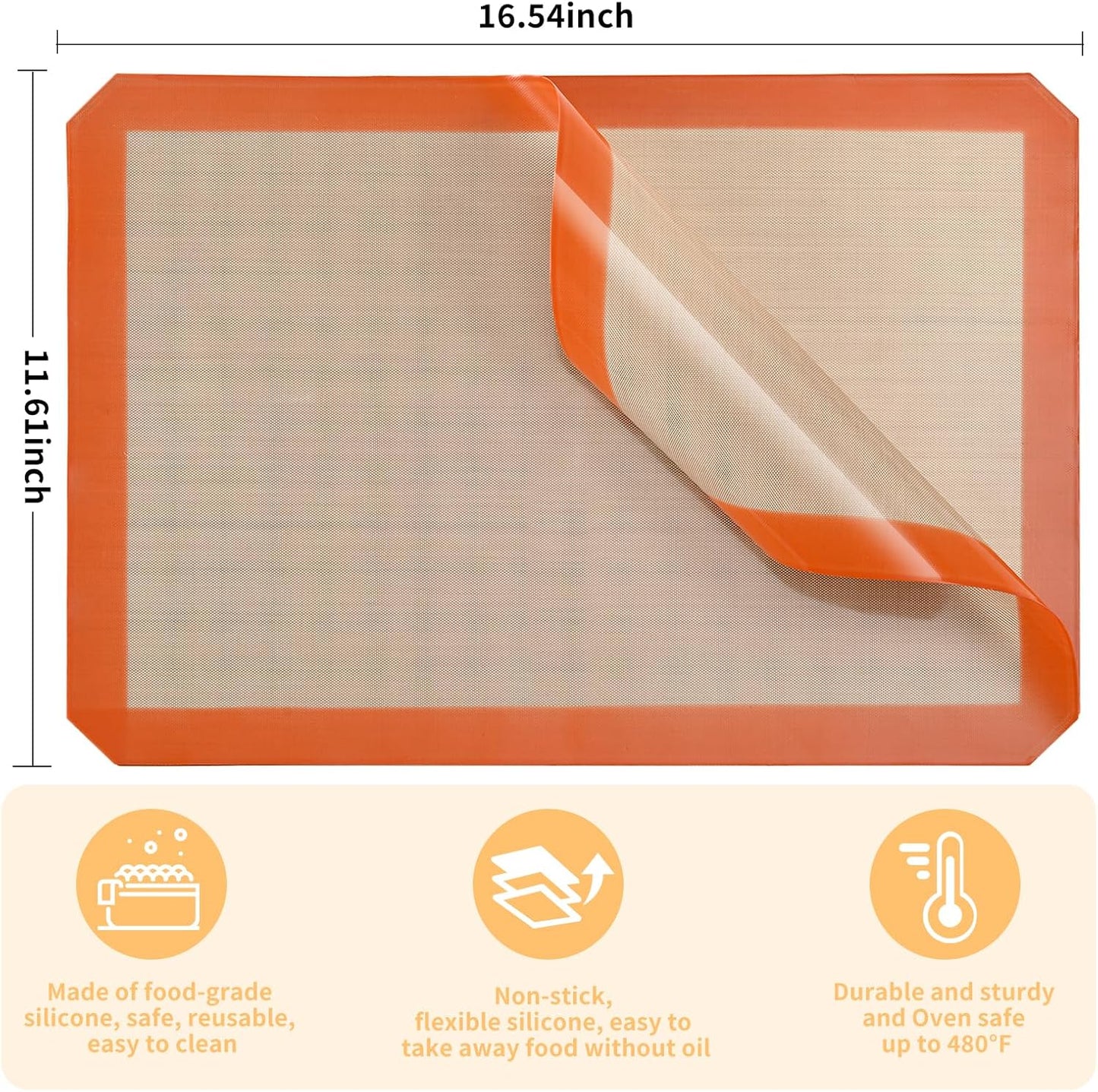 2-Pack Silicone Baking Mats – Non-Stick Reusable BPA-Free Oven Liners, 100% Food-Grade Silicone, Fit Half Sheet Pans (16.54" x 11.62") for Cookies, Pastry & More