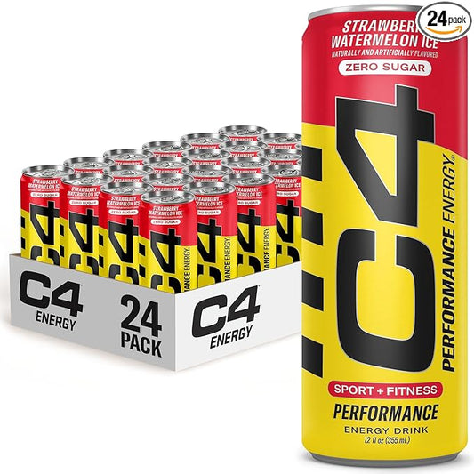 C4 Energy Drink 12oz (Pack of 24) - Strawberry Watermelon Ice - Sugar Free Pre Workout Performance Drink with No Artificial Colors or Dyes