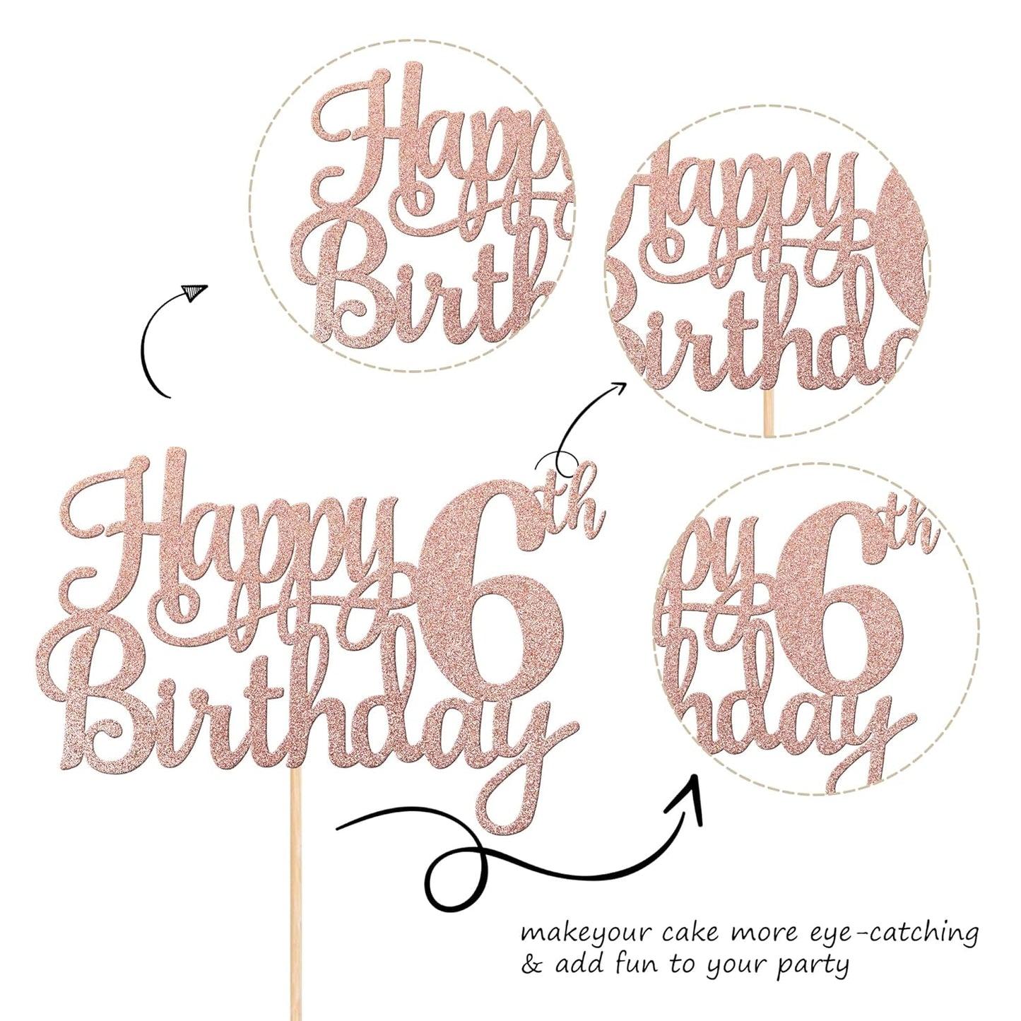 1 PCS Happy 6th Birthday Cake Topper - Glitter Cheers to 6 Years - Fabulous Cake Decoration for 6th Birthday Theme Party - Rose Gold