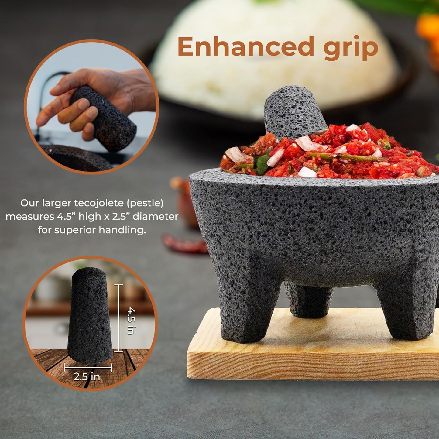 The Authentic Molcajete Mexicano Made of Lava Volcanic Rock, Set with Mortar, Pestle and Cutting Board Included - Large Molcajete 8-Inch, Molcajete de Piedra Volcánica, Molcajete for Oven (Black)