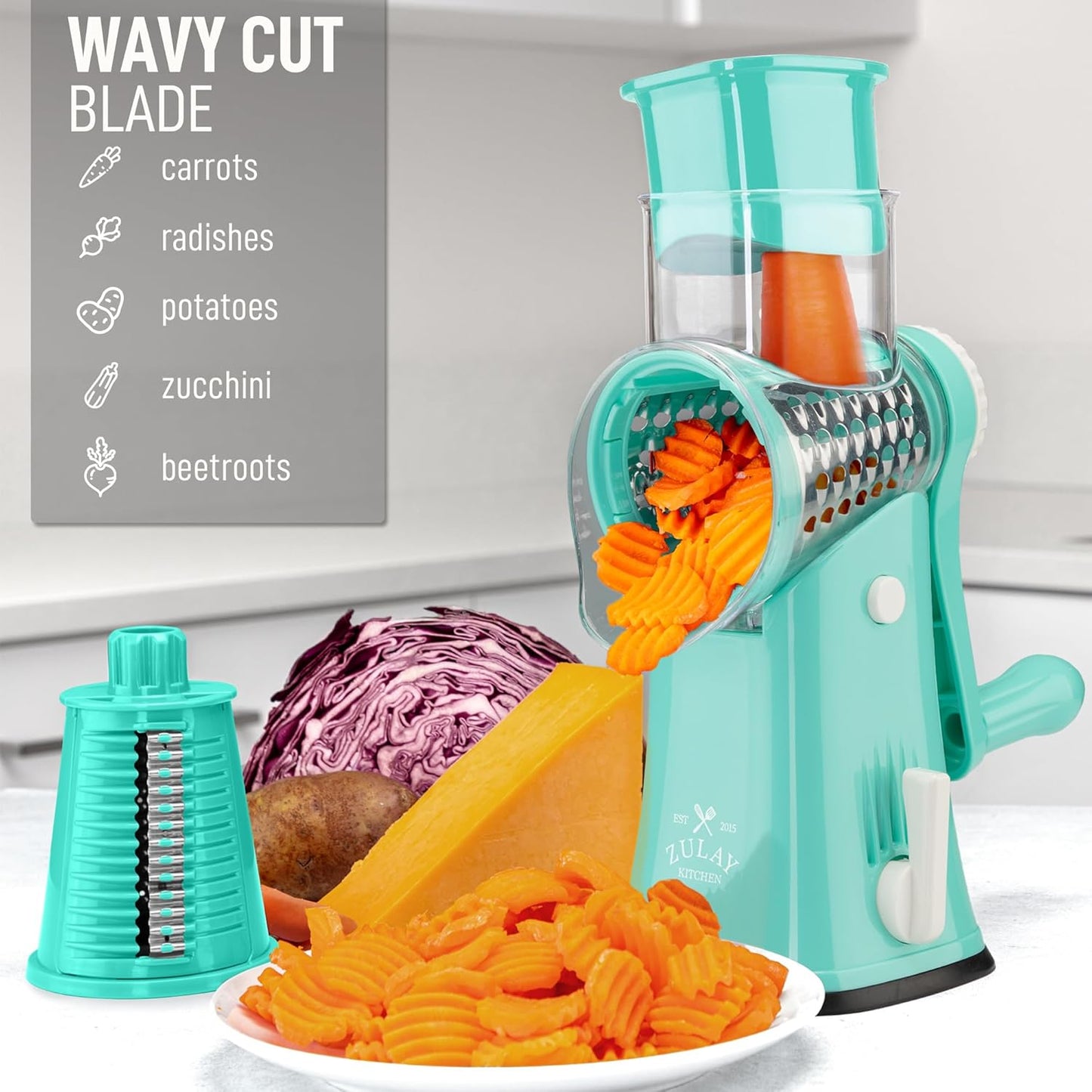 Zulay Kitchen Rotary Cheese Grater 5 Blade Cheese Shredder - Manual Hand Crank Cheese Grater With Reinforced Suction & 5 Interchangeable Drums - Easy to Use, Vegetable Chopper Round Mandoline Slicer